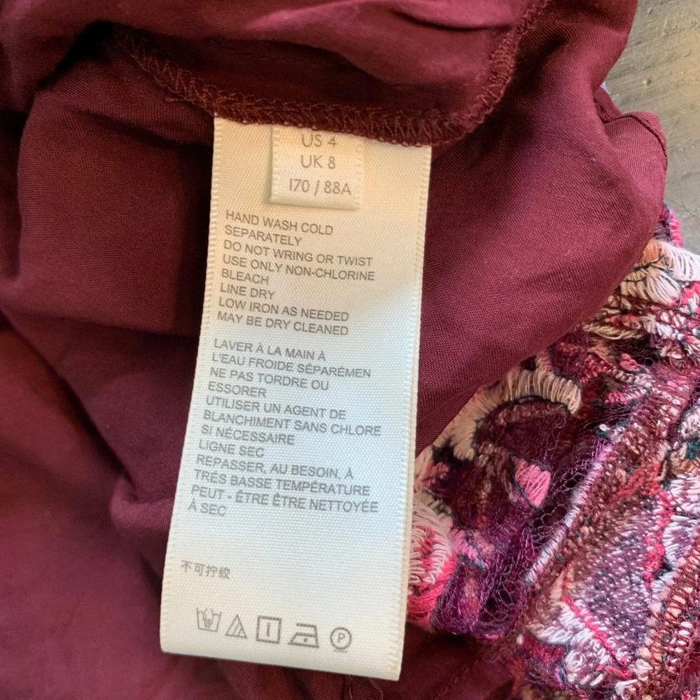 Free People Burgundy Floral Embroidered Lace Mini Dress Open Back Size 4 READ